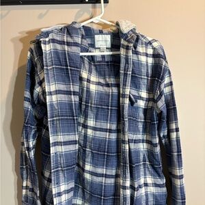 American Eagle Outfitters Navy and White Plaid Hooded Flannel